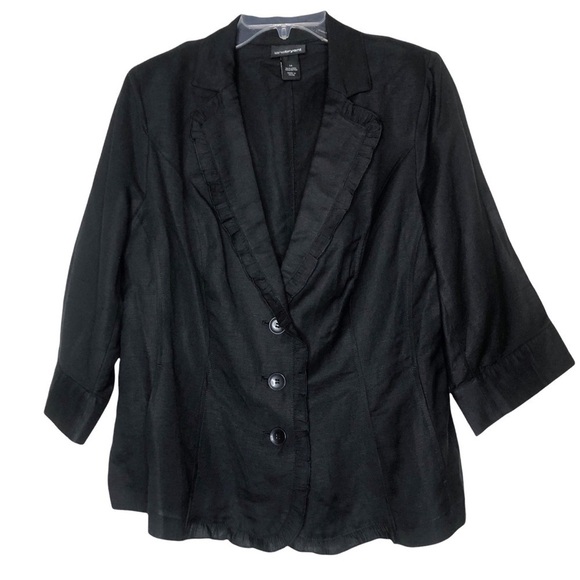 𝅺lane BRYANT - Linen Blend Black Button Front Blazer Ruffle Trim - Size 14 - Picture 1 of 4